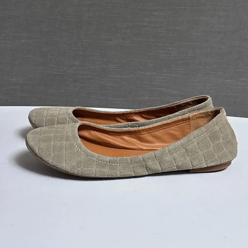 Lucky Brand Flats 8 Taupe Beige Croc Embossed Suede Slip On Ballet Emmie Boho
